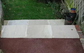 a cement walkway with a brick step and a potted plant in the background